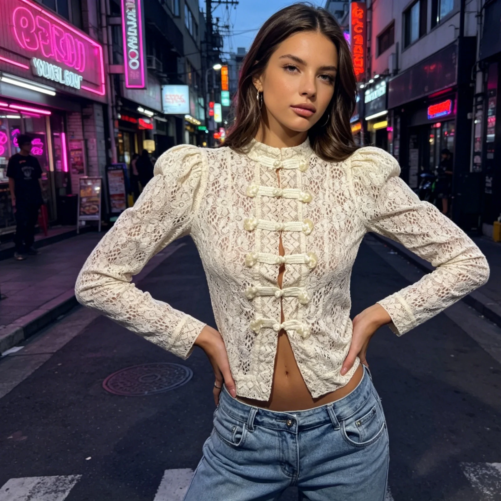 Women Long Sleeve Puffed Shoulders Mock Neck Top Spring Elegant Ivory Floral Lace Shirts with Decorative Frog Button Closure
Women Long Sleeve Puffed Shoulders Mock Neck Top Spring Elegant Ivory Floral Lace Shirts with Decorative Frog Button Closure