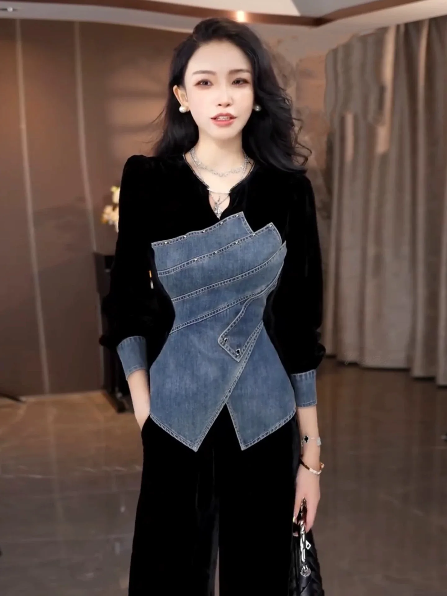 Faionable Korean Sle Denim Patchwork irt And Pants Two-Piece Set Women's Trendy Autumn Collection Slim Fit Long Sve
Faionable Korean Sle Denim Patchwork irt And Pants Two-Piece Set Women's Trendy Autumn Collection Slim Fit Long Sve