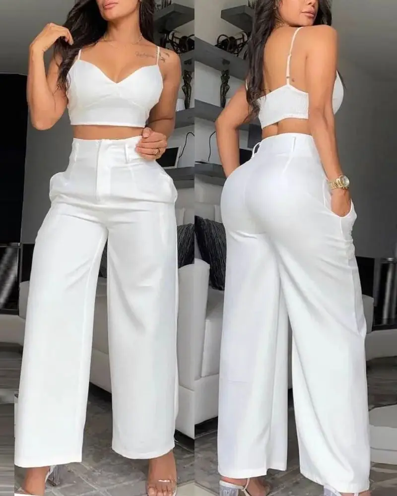 Women's Color Vest Pants Set Casual Strapless Top Long Trousers Fashionable Summer Outfit Polyester Material
Women's Color Vest Pants Set Casual Strapless Top Long Trousers Fashionable Summer Outfit Polyester Material