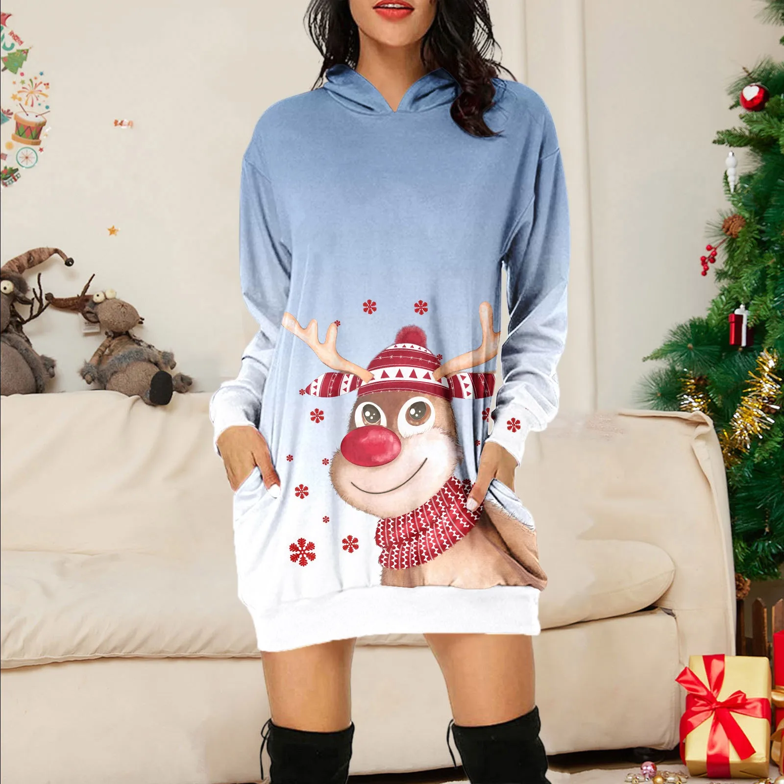 Women's Comfortable Vintage Merry Christmas Printing Dress Long Sleeves Hoodies Loose Fit Casual Midi Dresses With Pockets
Women's Comfortable Vintage Merry Christmas Printing Dress Long Sleeves Hoodies Loose Fit Casual Midi Dresses With Pockets