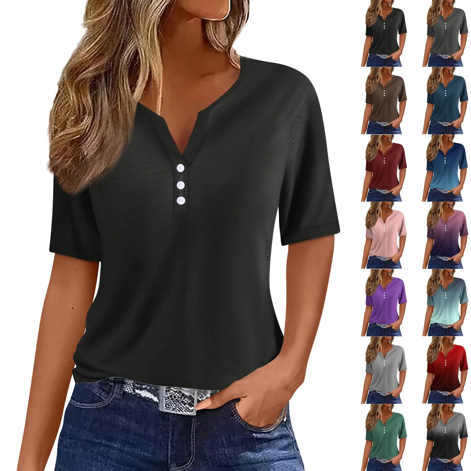 Summer Tops for Women's 2024 Vacation Trendy Button V Neck Boho Short Sleeve Tshirts Casual Loose Comfy Tunic Blouse
Summer Tops for Women's 2024 Vacation Trendy Button V Neck Boho Short Sleeve Tshirts Casual Loose Comfy Tunic Blouse