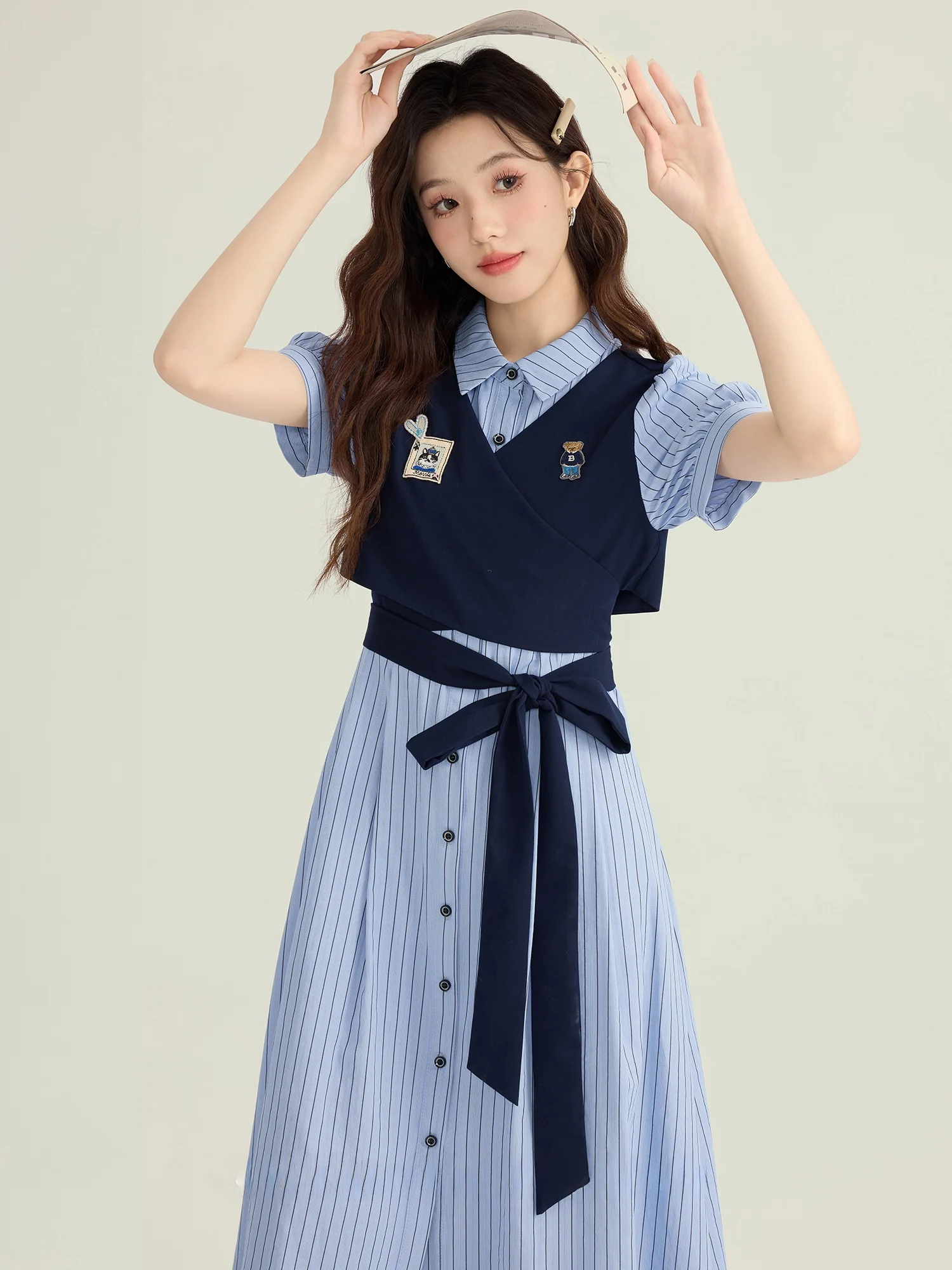 Summer Collar A-Line Dress Striped Fake Two-Piece Women's Clothing College Style High Waist Short Sleeve Moisture Wicking
Summer Collar A-Line Dress Striped Fake Two-Piece Women's Clothing College Style High Waist Short Sleeve Moisture Wicking