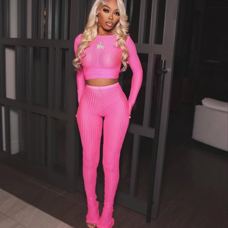 Women Solid Knitted 2 Piece Set Hollow Out O-Neck Long Sleeve T-shirts Tops High Waist Flare Pants See Through Clubwear Suits
Women Solid Knitted 2 Piece Set Hollow Out O-Neck Long Sleeve T-shirts Tops High Waist Flare Pants See Through Clubwear Suits