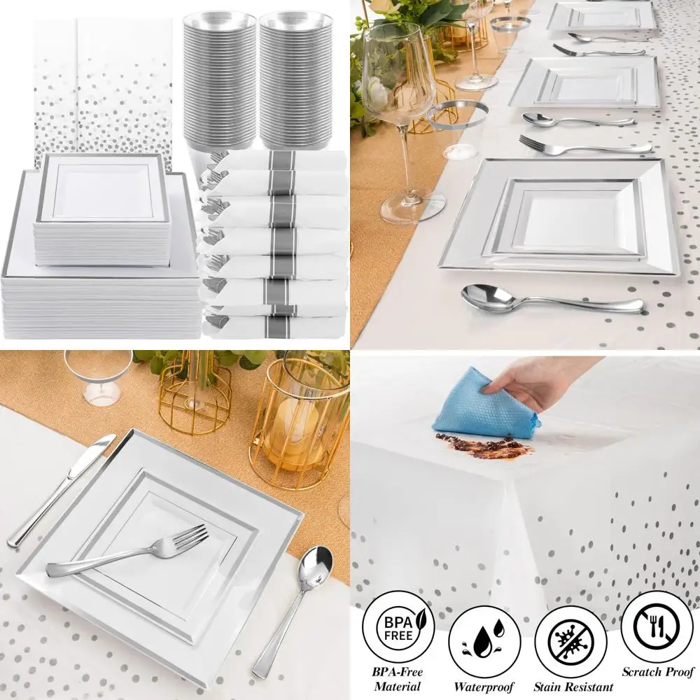 Silver-Trimmed Square Plastic Dinnerware Set for 50 Guests, Includes 100 Plates, 50 Forks, 50 Spoons, 50 Knives, Ideal for Large
Silver-Trimmed Square Plastic Dinnerware Set for 50 Guests, Includes 100 Plates, 50 Forks, 50 Spoons, 50 Knives, Ideal for Large