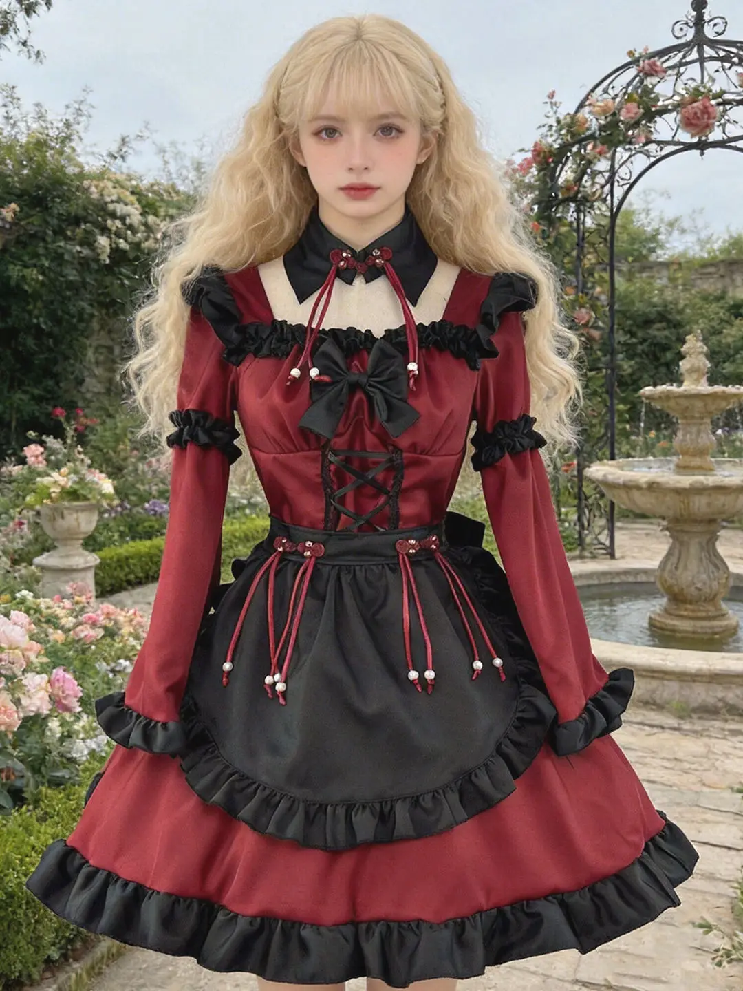 Gothic Lolita 2-piece Dress Set Women Wine Red Black Contrast Color Ruffle Hem Bow Lace Up Apron Short Princess Dress
Gothic Lolita 2-piece Dress Set Women Wine Red Black Contrast Color Ruffle Hem Bow Lace Up Apron Short Princess Dress