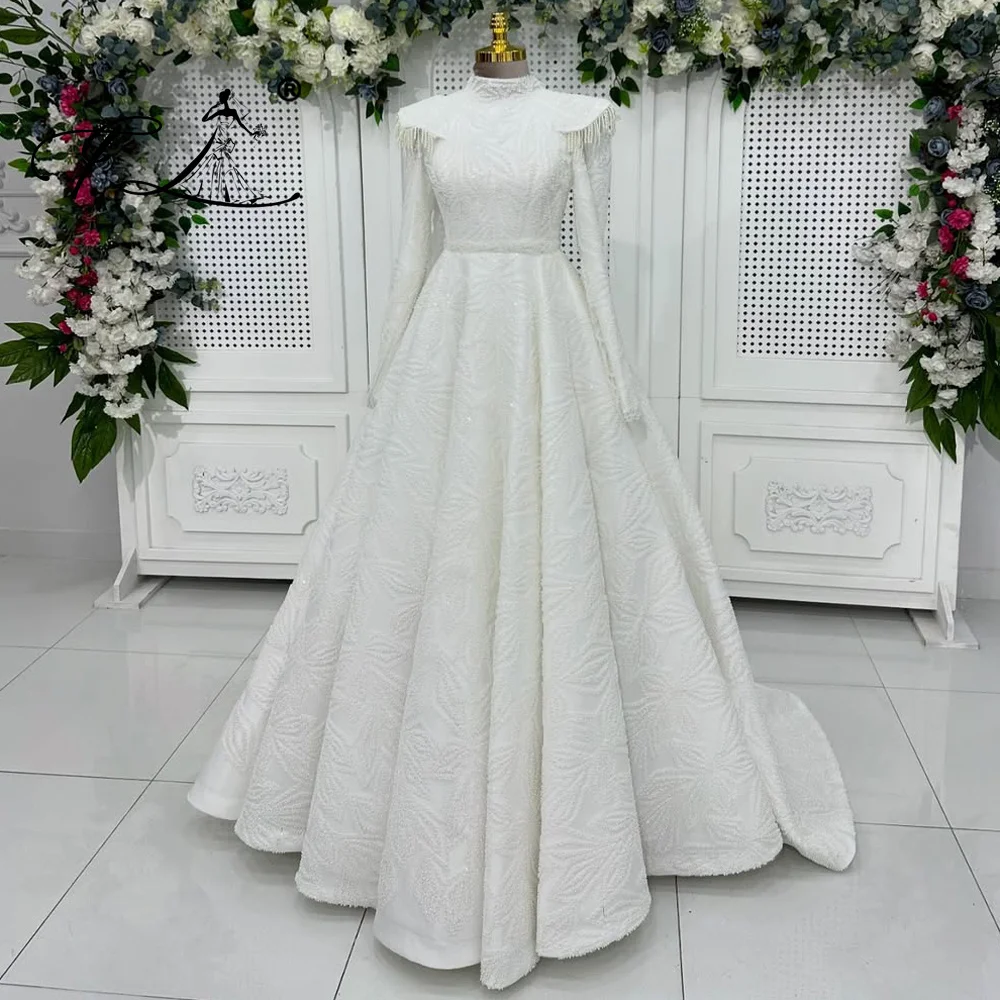Floria High Neck Long Sleeves A-line Sequins Beaded Embellished Wedding Dress for Bridal Party Muslim Arabic Gown Customized
Floria High Neck Long Sleeves A-line Sequins Beaded Embellished Wedding Dress for Bridal Party Muslim Arabic Gown Customized