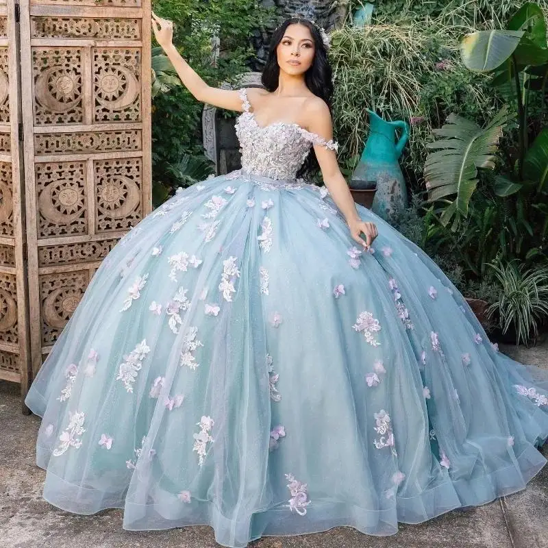 Sky Blue Mexican Sweetheart Quinceanera Dresses Handmade 3D Floral Applique Bow Birthday Princess Formal Ball Gowns Vestidos XV
Sky Blue Mexican Sweetheart Quinceanera Dresses Handmade 3D Floral Applique Bow Birthday Princess Formal Ball Gowns Vestidos XV