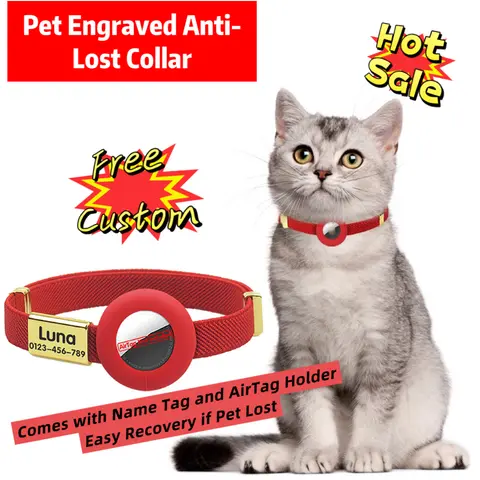 Cute Breakaway Cat Collar with Customized Name Tag Elastic GPS Tracker Kitten Collar with Air Tag Holder Adjustable Pets Collars