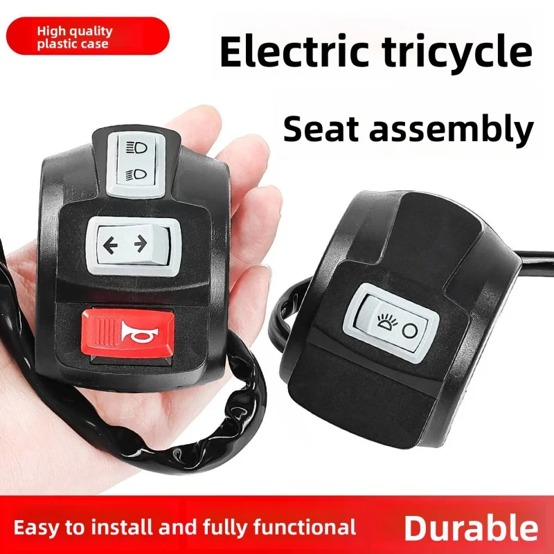 Electric tricycle multi-functional seat assembly, near and far light horn and steering combination switch buttons.
Electric tricycle multi-functional seat assembly, near and far light horn and steering combination switch buttons.
