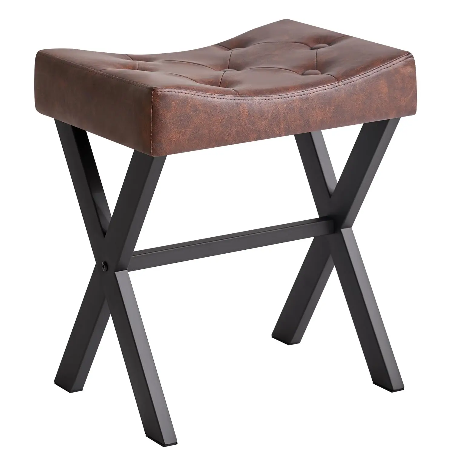 Brown Tufted Upholstered Vanity Stool With Black X-Shape Metal Legs For Bedroom Living Room Makeup Or Footrest Use
Brown Tufted Upholstered Vanity Stool With Black X-Shape Metal Legs For Bedroom Living Room Makeup Or Footrest Use