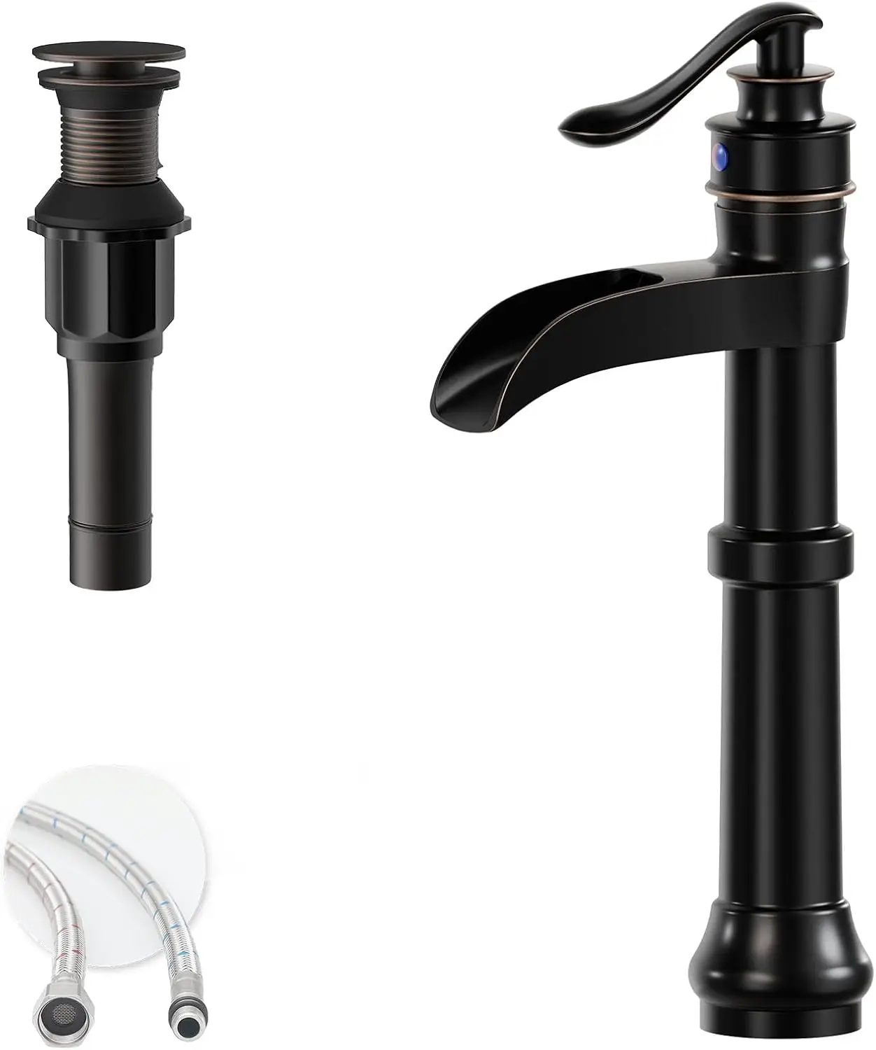Oil Rubbed Bronze Vessel Sink Faucet, Brass Waterfall Tall Single Hole with Pop Up Drain and Supply Hoses
Oil Rubbed Bronze Vessel Sink Faucet, Brass Waterfall Tall Single Hole with Pop Up Drain and Supply Hoses