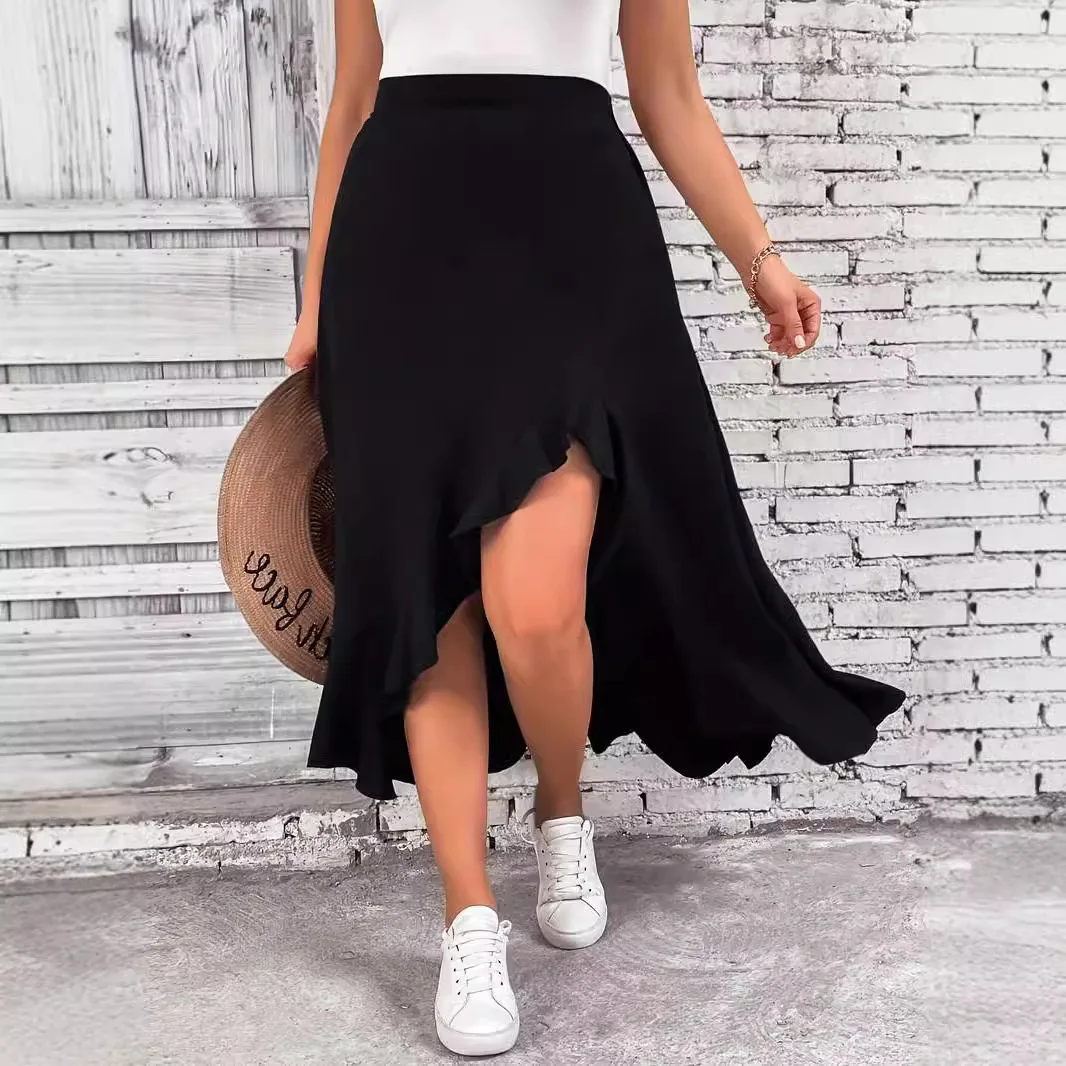 Plus Size Black Casual Skirt Oversized Solid Color Asymmetrical Ruffle Hem Midi Skirt for Women Summer
Plus Size Black Casual Skirt Oversized Solid Color Asymmetrical Ruffle Hem Midi Skirt for Women Summer