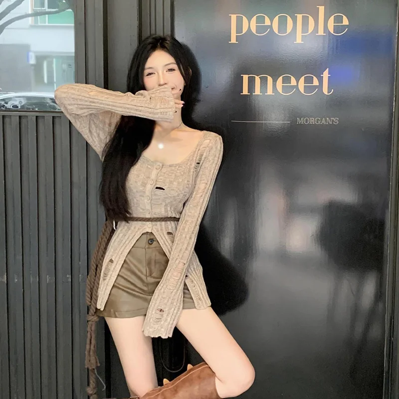 Женский трикотажный кардиган с длинным рукавом, однотонный облегающий свитер с вырезами и разрезом, Y2k, весна-осень
Женский трикотажный кардиган с длинным рукавом, однотонный облегающий свитер с вырезами и разрезом, Y2k, весна-осень