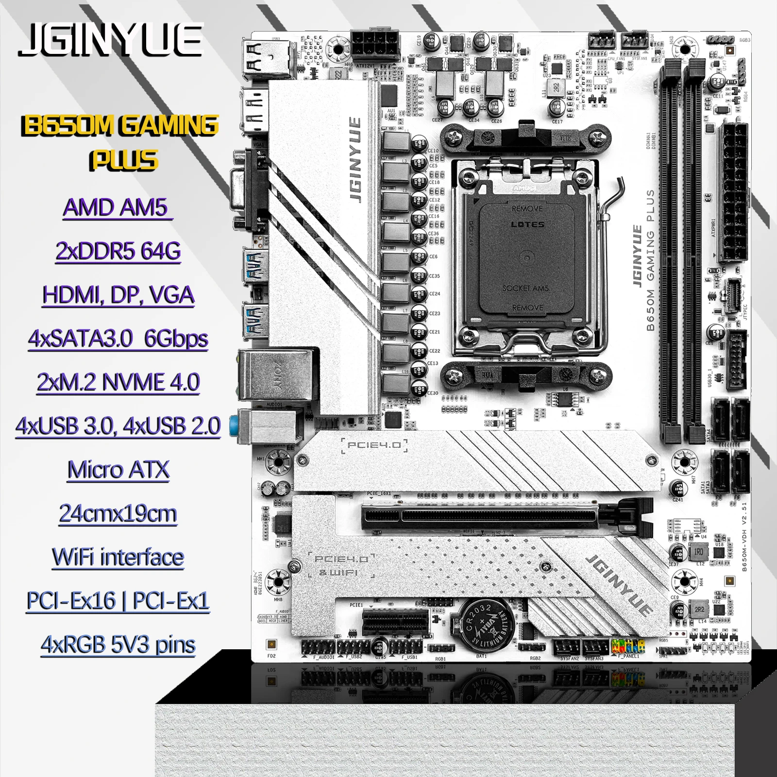 JGINYUE Gaming motherboard B650 Supports DDR5 64GB AMD R7000 8000 9000 Series motherboard Socket AM5 B650M GAMING PLUS
JGINYUE Gaming motherboard B650 Supports DDR5 64GB AMD R7000 8000 9000 Series motherboard Socket AM5 B650M GAMING PLUS