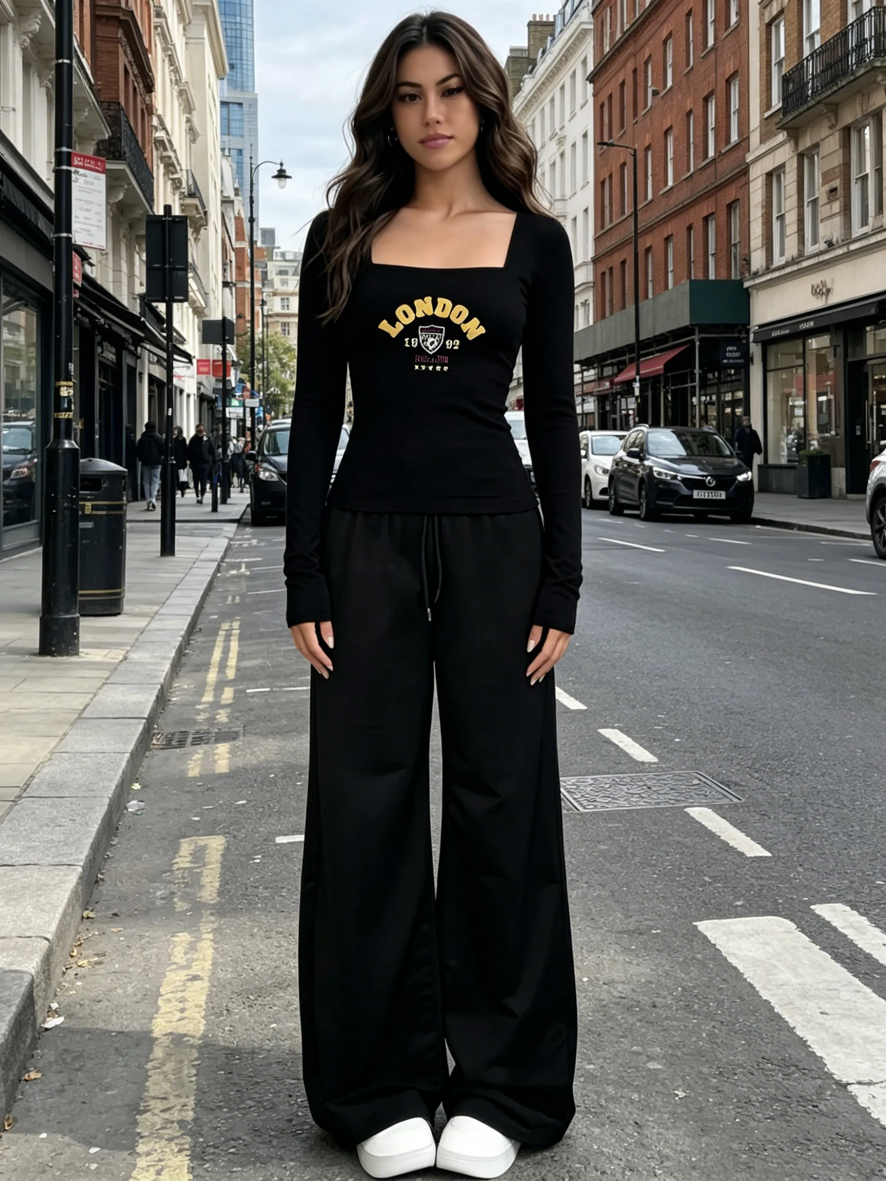 Women's suit square collar letter printed long sleeved T-shirt top+elastic waist solid color wide leg pants long pants set
Women's suit square collar letter printed long sleeved T-shirt top+elastic waist solid color wide leg pants long pants set