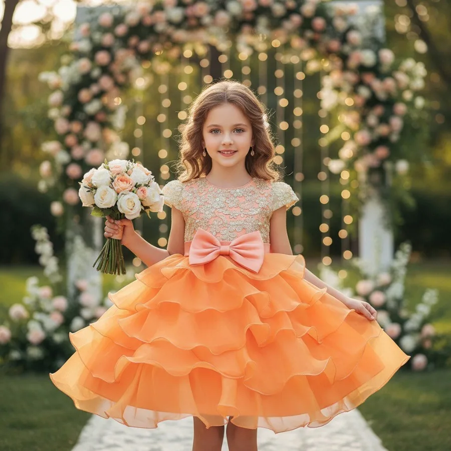 【New Arrival】Kids Orange Ruffled Tulle Flower Girl Dress, Lace Beaded Bodice with Big Bow, Wedding Party Pageant Gown
【New Arrival】Kids Orange Ruffled Tulle Flower Girl Dress, Lace Beaded Bodice with Big Bow, Wedding Party Pageant Gown