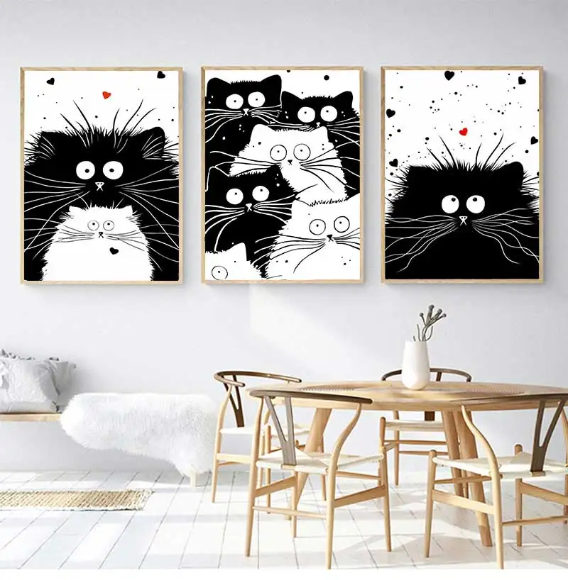 Милые черно-белые мультяшные кошки, минималистичные настенные принты, холщовые картины, постеры для гостиной, современный декор для дома
Милые черно-белые мультяшные кошки, минималистичные настенные принты, холщовые картины, постеры для гостиной, современный декор для дома