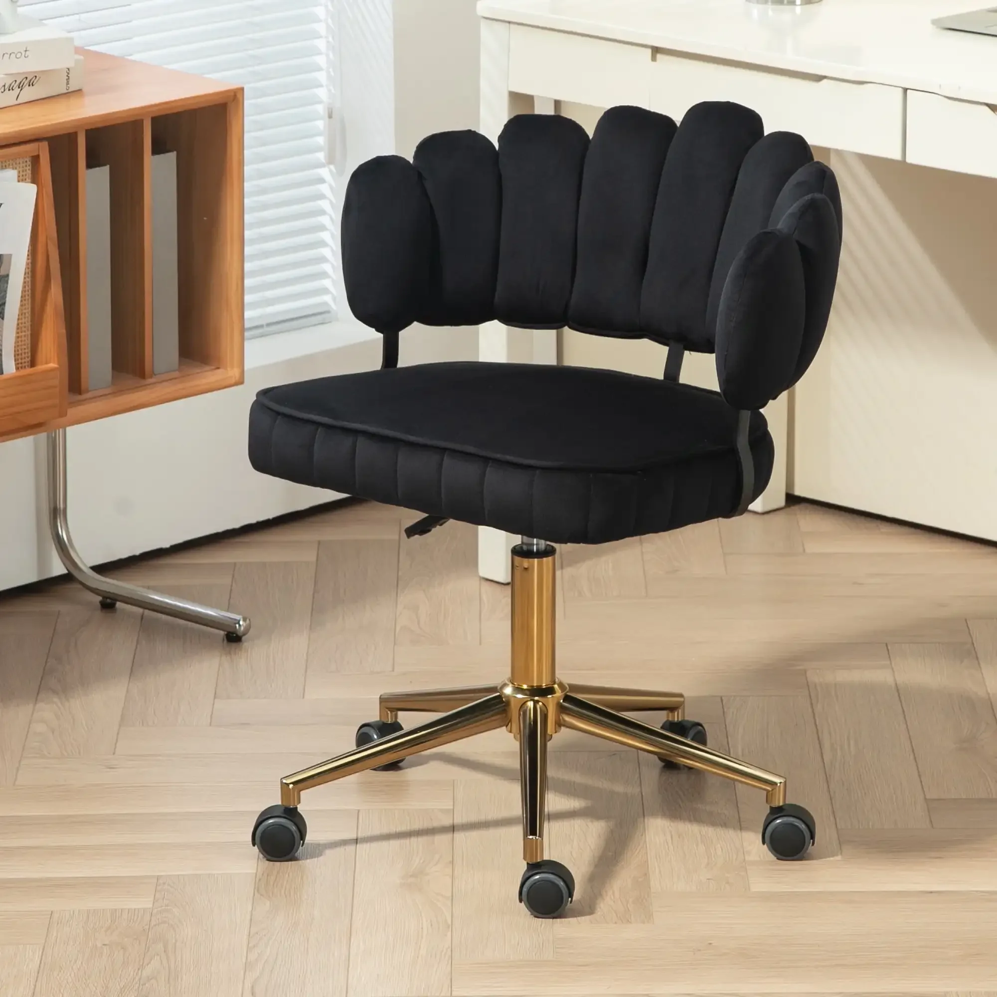 Velvet Upholstered Swivel Adjustable Height Home Office Desk Chair With Golden Legs-Black
Velvet Upholstered Swivel Adjustable Height Home Office Desk Chair With Golden Legs-Black