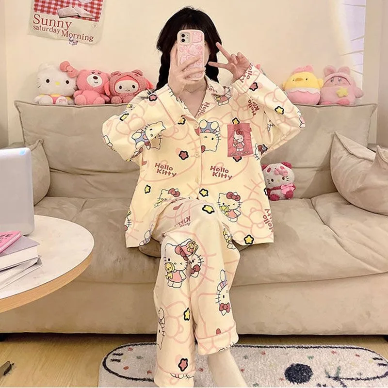 Spring and autumn new lapel cute Kaidi cat pajamas women's long-sleeved trousers loose loungewear set
Spring and autumn new lapel cute Kaidi cat pajamas women's long-sleeved trousers loose loungewear set