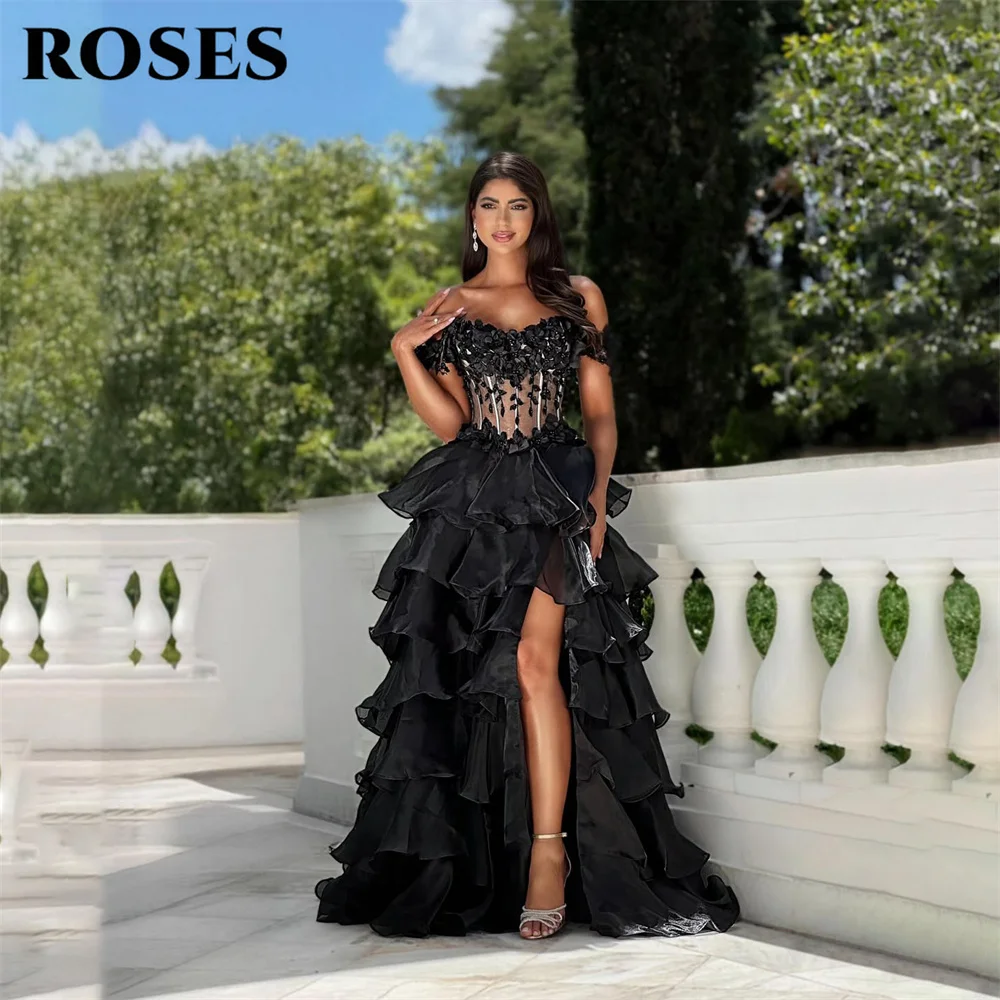 ROSES Black Evening Dress with 3D Floral Prom Dress Off the Shoulder Tiered Party Formal Gown High Slit robe de bal Customized
ROSES Black Evening Dress with 3D Floral Prom Dress Off the Shoulder Tiered Party Formal Gown High Slit robe de bal Customized