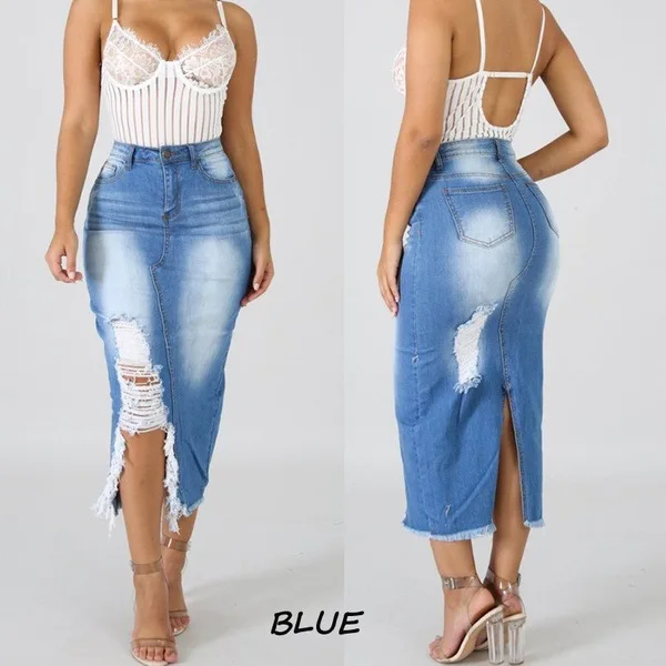 Ripped Destroyed Denim Skirts Women High Waist Slim Fit Bodycon Hips Pencil Long Skirt Elegant Plus Size 2025 
Ripped Destroyed Denim Skirts Women High Waist Slim Fit Bodycon Hips Pencil Long Skirt Elegant Plus Size 2025