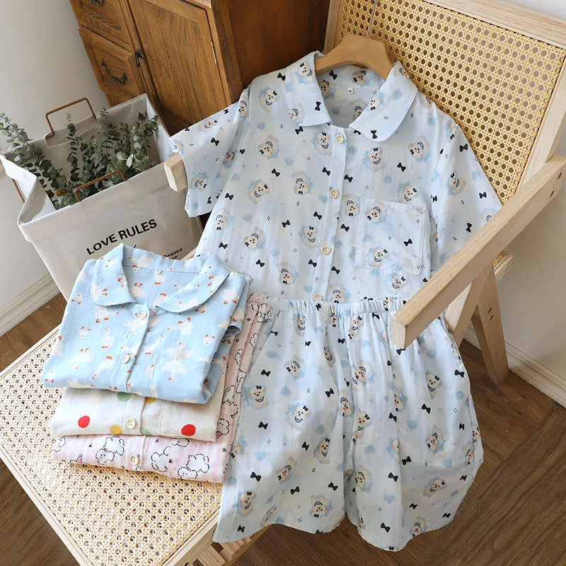 Wholesale & Retail Blue Goose Cotton Pajamas Ladies Spring Summer Thin Gauze Short Sleeve Shorts Cartoon Cute Loungewear Set
Wholesale & Retail Blue Goose Cotton Pajamas Ladies Spring Summer Thin Gauze Short Sleeve Shorts Cartoon Cute Loungewear Set