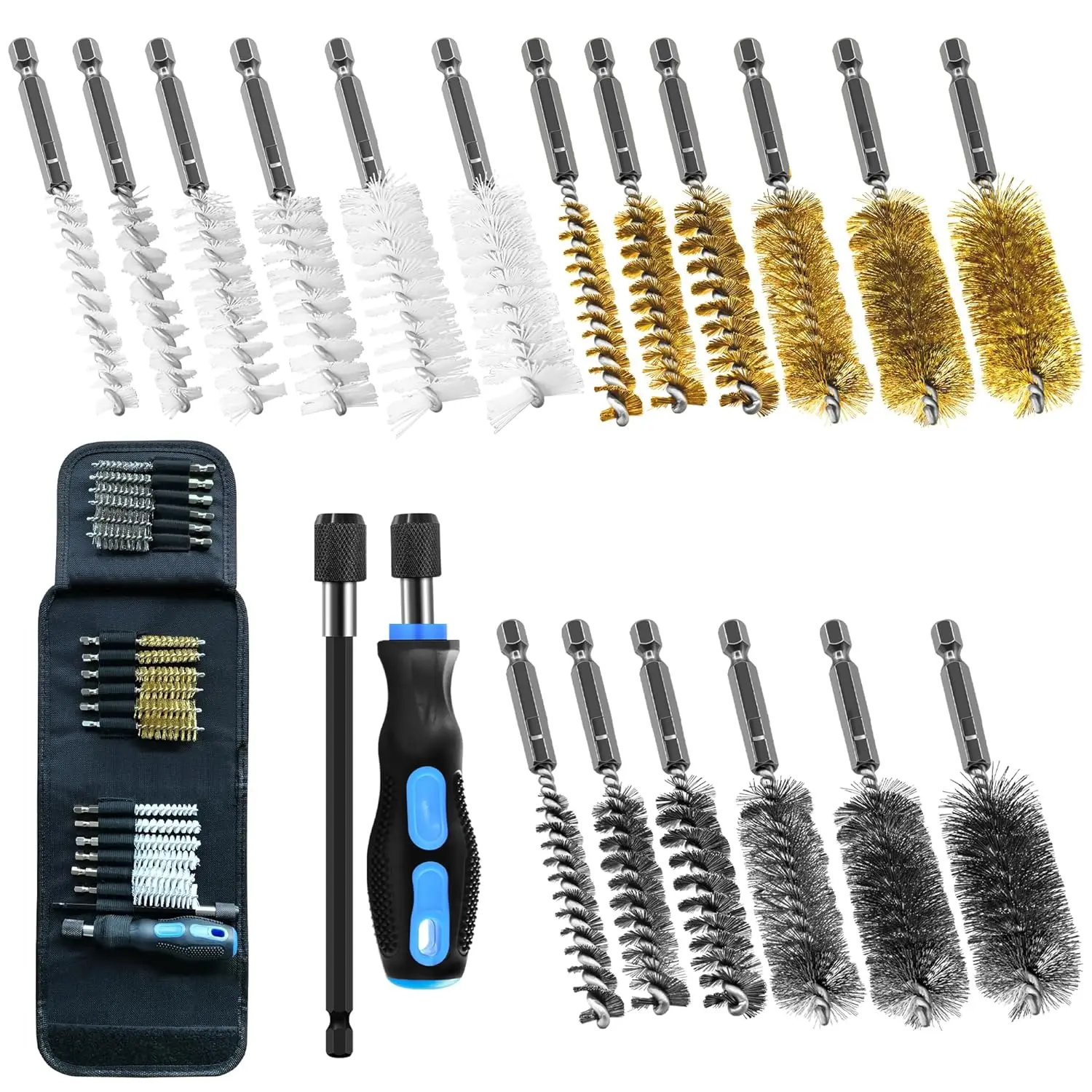 18Pcs Wire Brush Drill Attachments Set - Nylon, Brass, Stainless Steel for Power Drill, 1/4" Hex Shank, with Tool Bag
18Pcs Wire Brush Drill Attachments Set - Nylon, Brass, Stainless Steel for Power Drill, 1/4" Hex Shank, with Tool Bag