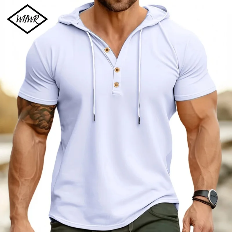 New Men Hooded T-Shirt Gym Fitness Bodybuilding Sport Hoodie Slim Solid Color Breathable Short Sleeve Muscle Henry Collar Shirt
New Men Hooded T-Shirt Gym Fitness Bodybuilding Sport Hoodie Slim Solid Color Breathable Short Sleeve Muscle Henry Collar Shirt