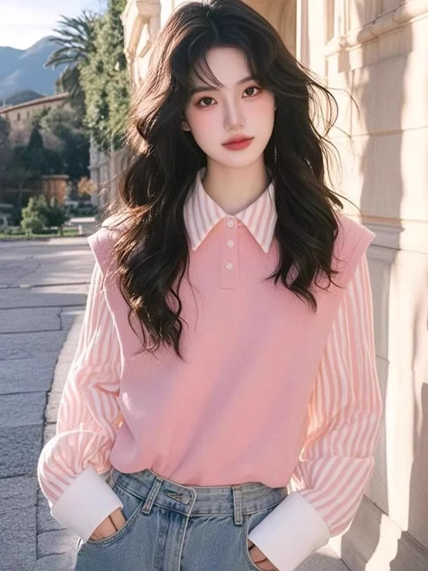 Fashionable Striped Mock Two-Piece Shirt Ladies' Spring Autumn 2026 New Style Age-Defying Long Sleeve Neck Top
Fashionable Striped Mock Two-Piece Shirt Ladies' Spring Autumn 2026 New Style Age-Defying Long Sleeve Neck Top