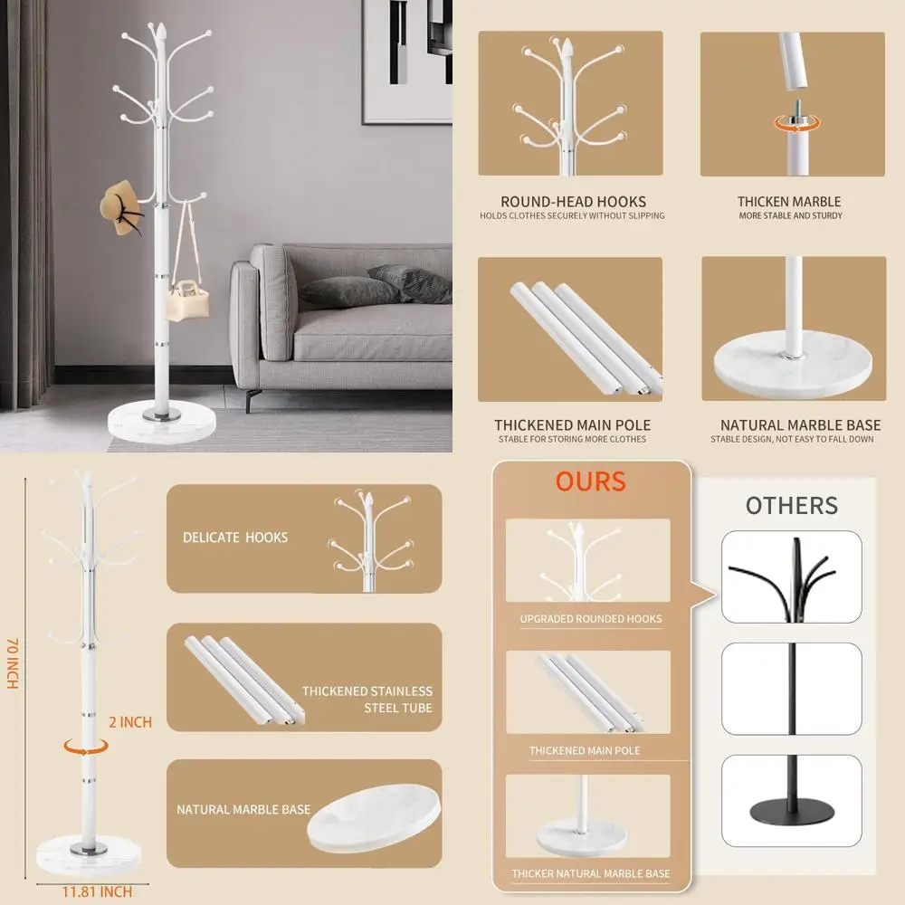 Modern White Freestanding Coat Rack with Natural Marble Base, Elegant Hall Tree Hanger Stand for Entryway
Modern White Freestanding Coat Rack with Natural Marble Base, Elegant Hall Tree Hanger Stand for Entryway