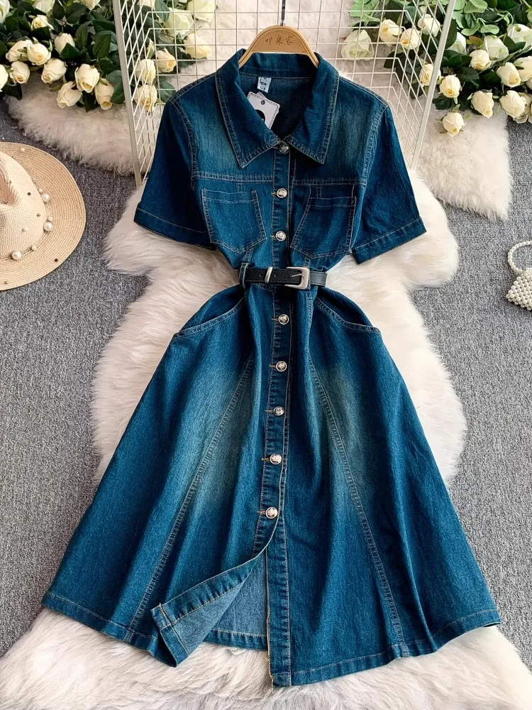 Women Denim Dress Summer Autumn A-Line Mid-Length Short Sleeve Turn Down Collar Dresses Casual Office Lady Frocks Streetwear New
Women Denim Dress Summer Autumn A-Line Mid-Length Short Sleeve Turn Down Collar Dresses Casual Office Lady Frocks Streetwear New