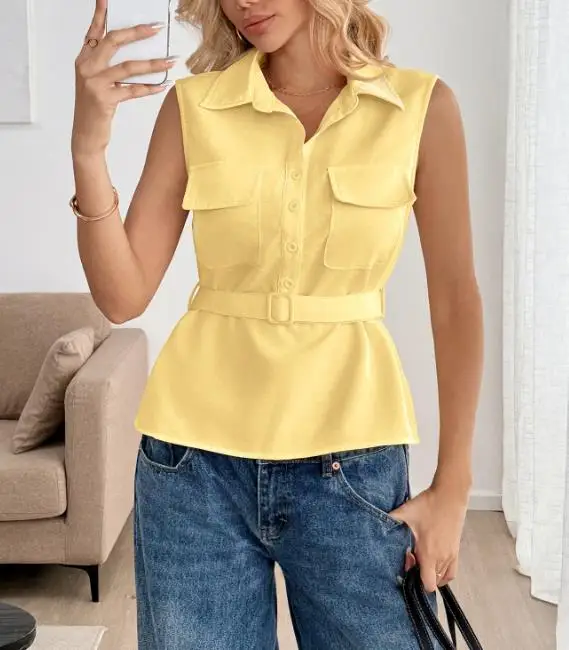2025 Summer New Casual Minimalist Style Top with Waist Cinched Shirt Collar and Open Collar, Yellow Sleeveless Shirt
2025 Summer New Casual Minimalist Style Top with Waist Cinched Shirt Collar and Open Collar, Yellow Sleeveless Shirt