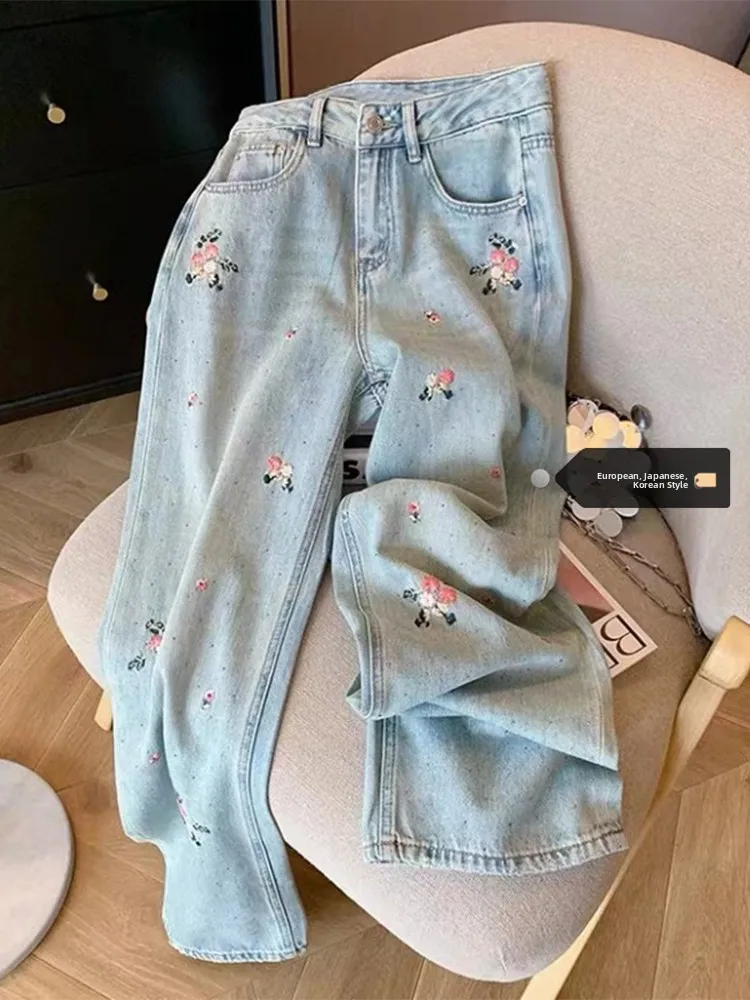 High Waist Wide Leg Straight Jeans Women's New Chinese Style Floral Embroidery Denim Pants Spring Summer Autumn Winter
High Waist Wide Leg Straight Jeans Women's New Chinese Style Floral Embroidery Denim Pants Spring Summer Autumn Winter