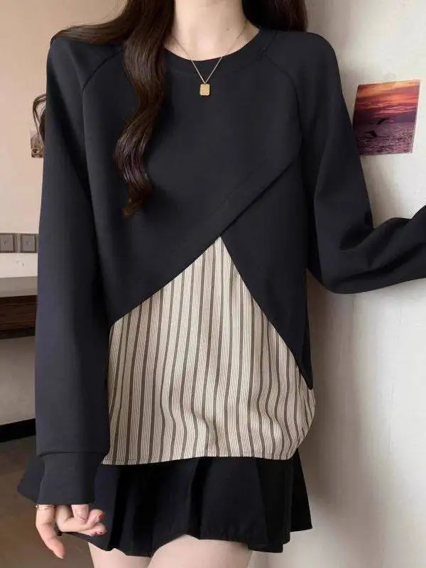 Spring Autumn Unisex Hoodless Patchwork Striped Loose Fit Sweatshirt Casual Style Long Sleeve round Neck Top for Women
Spring Autumn Unisex Hoodless Patchwork Striped Loose Fit Sweatshirt Casual Style Long Sleeve round Neck Top for Women