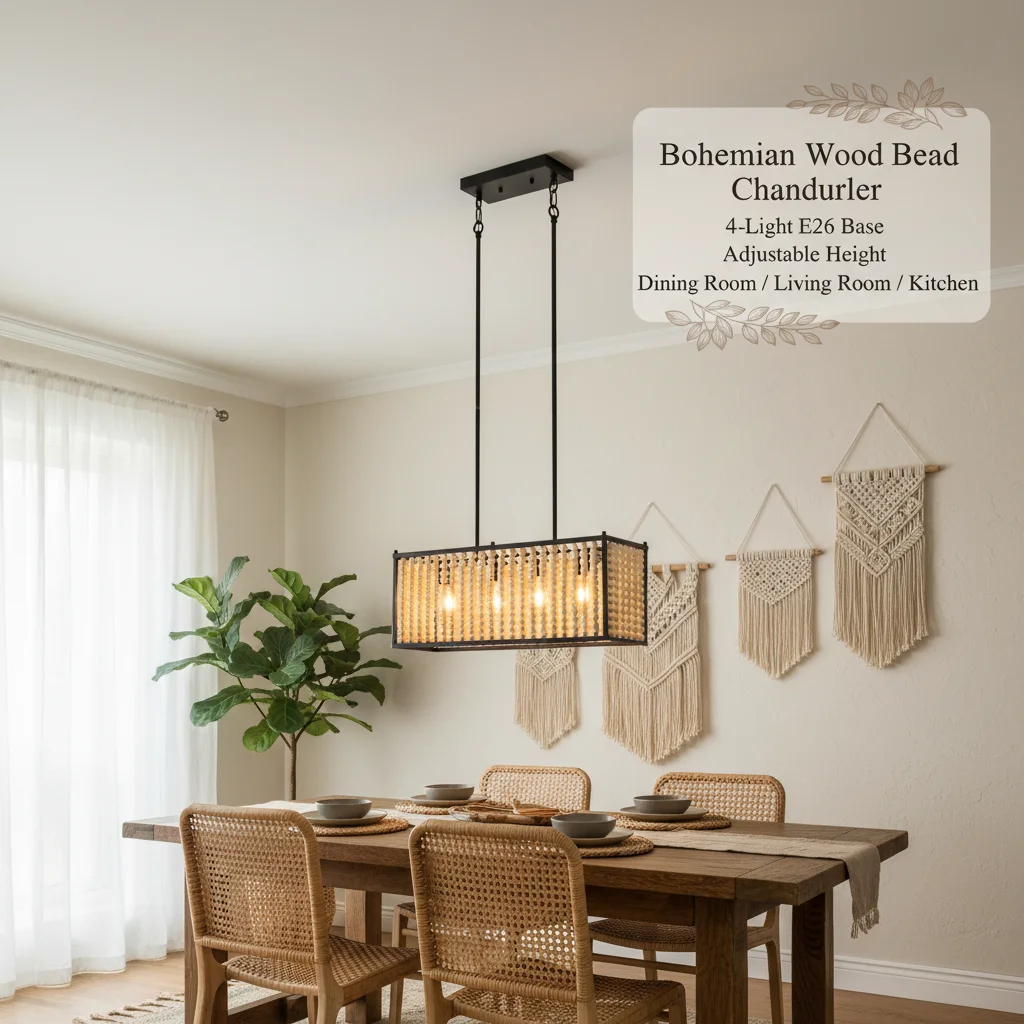 23.8" Boho Wood Beaded Chandelier 4-Light, Farmhouse Pendant Lamp with Adjustable Height, E26 Base for Dining Room, Black
23.8" Boho Wood Beaded Chandelier 4-Light, Farmhouse Pendant Lamp with Adjustable Height, E26 Base for Dining Room, Black