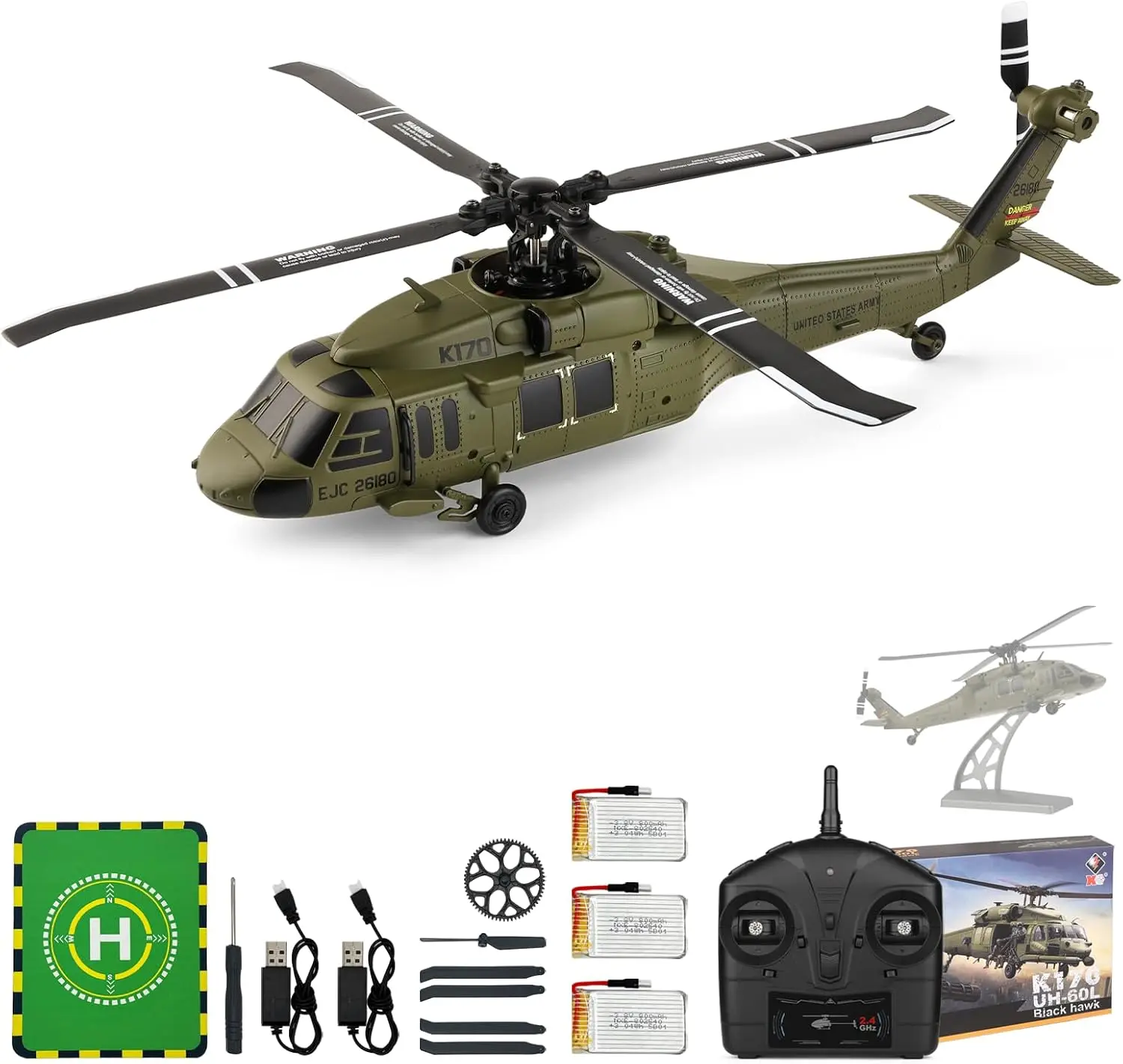 WLtoys K170 Бесщеточный 4-канальный радиоуправляемый вертолет, полномасштабный UH60L Black Hawk, 6-осевой гироскоп, отпуск одним ключом/шассинг с 3 батареями
WLtoys K170 Бесщеточный 4-канальный радиоуправляемый вертолет, полномасштабный UH60L Black Hawk, 6-осевой гироскоп, отпуск одним ключом/шассинг с 3 батареями
