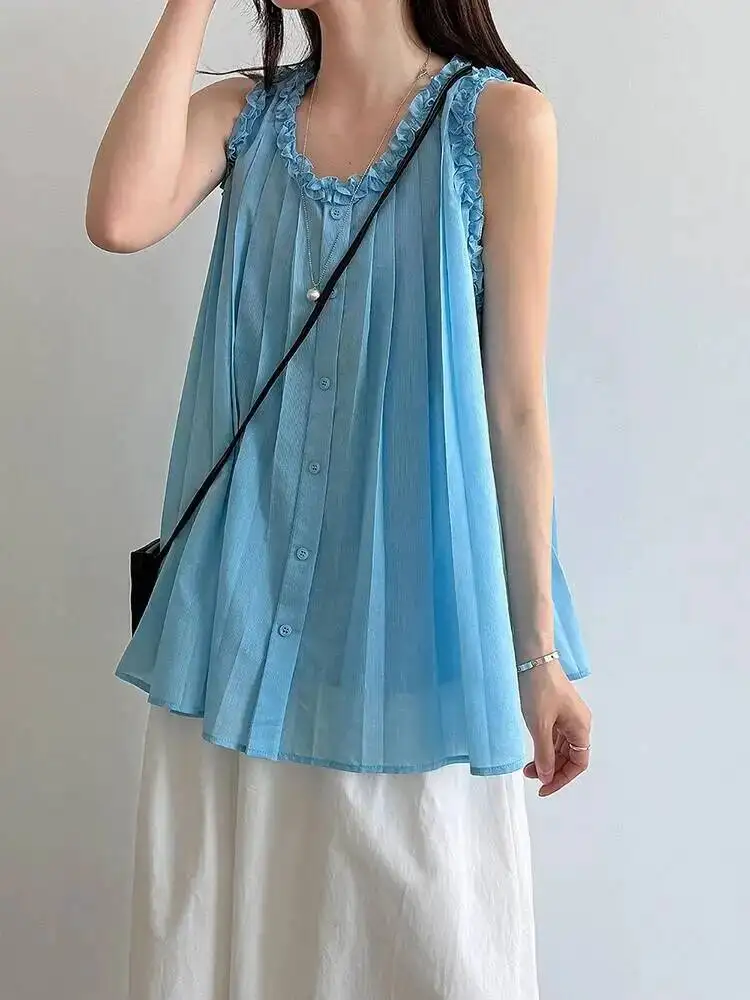 Blue Ruffles Women Pleated Elegant Tank Tops New Round Neck Sleeveless Personality Fashion Spring Summer 2026 EKBJ
Blue Ruffles Women Pleated Elegant Tank Tops New Round Neck Sleeveless Personality Fashion Spring Summer 2026 EKBJ