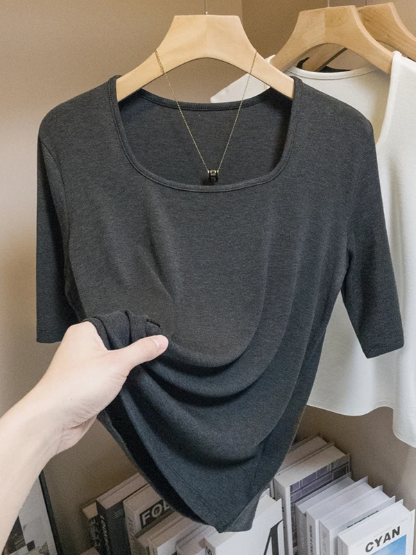 Summer New plus Size Women's U-Neck Short Sleeve T-Shirt Base Layer Shirt Korean Style Commute Pure Color Sleeve Decoration
Summer New plus Size Women's U-Neck Short Sleeve T-Shirt Base Layer Shirt Korean Style Commute Pure Color Sleeve Decoration