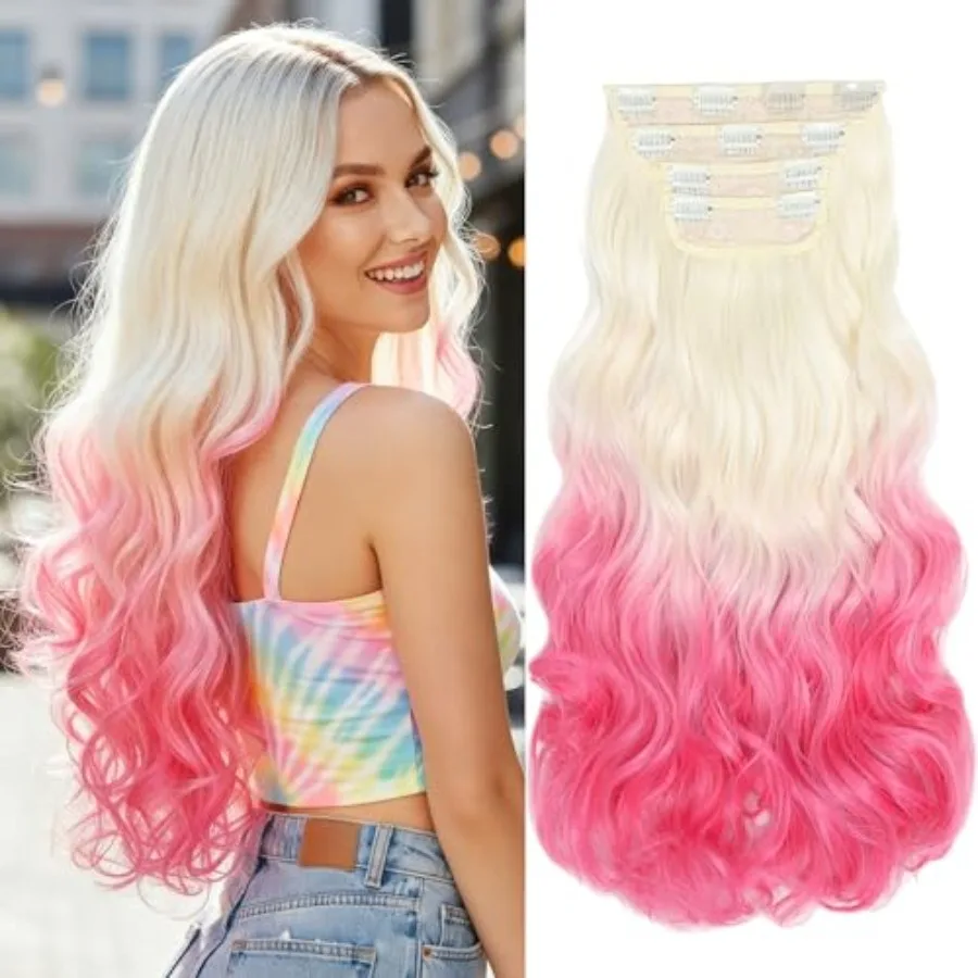 Blonde Pink Clip in Hair Extensions, 4 PCS Natural Soft Long Wavy Clip on Synthetic Hair Hairpieces Curly 20Inch Curly Thick Ha
Blonde Pink Clip in Hair Extensions, 4 PCS Natural Soft Long Wavy Clip on Synthetic Hair Hairpieces Curly 20Inch Curly Thick Ha