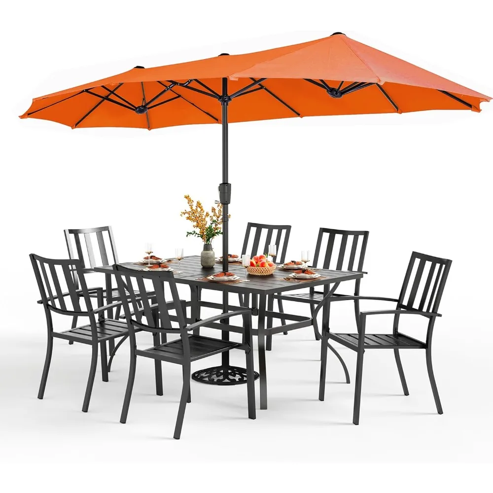 7 Piece Patio Dining Set with Umbrella, 60” Rectangular Metal Dining Table & 6 Stackable Metal Chairs & 13ft Large Red Umbrella
7 Piece Patio Dining Set with Umbrella, 60” Rectangular Metal Dining Table & 6 Stackable Metal Chairs & 13ft Large Red Umbrella