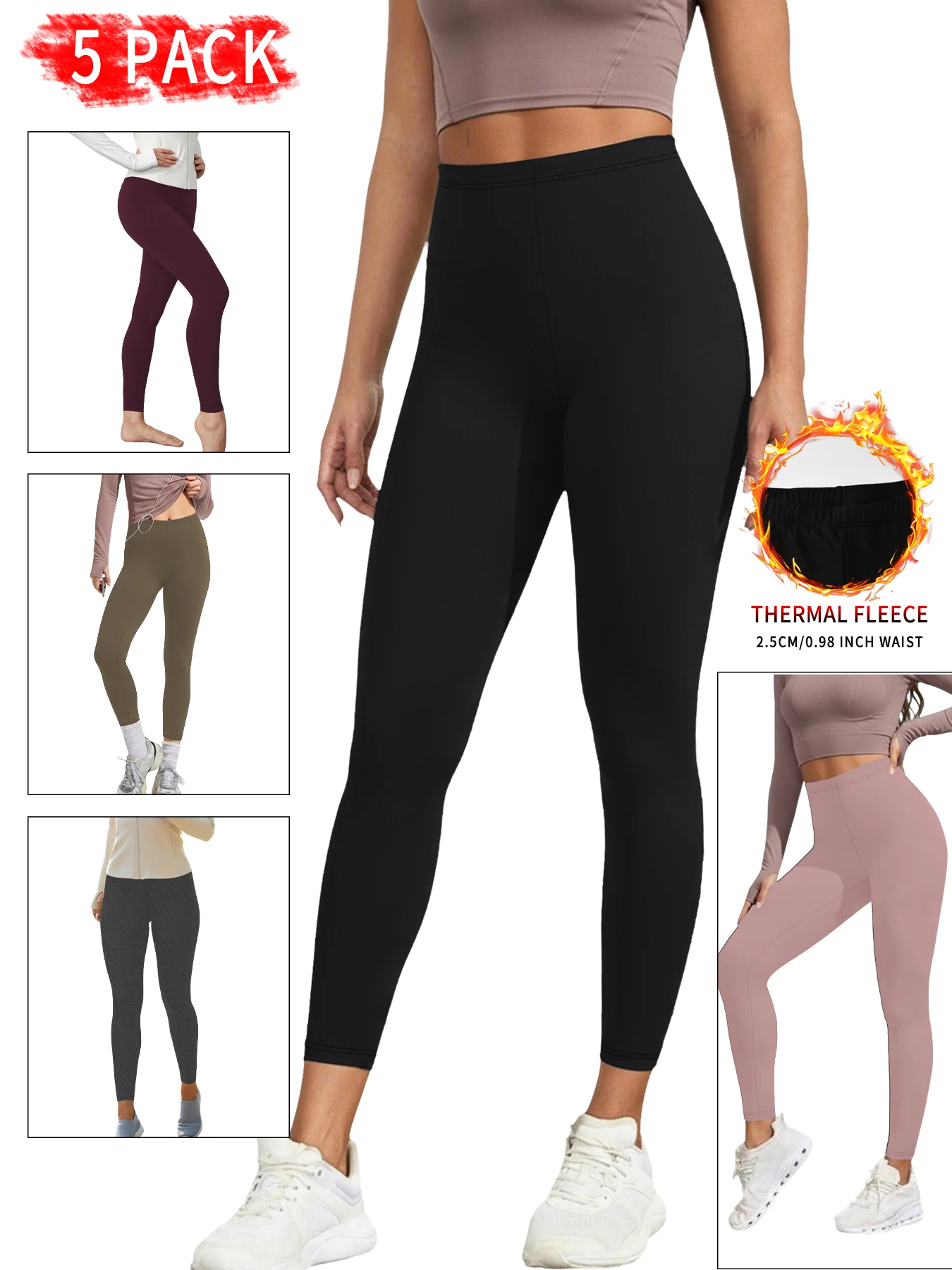 5 pack Fleece lined workout leggings with thermal insulation. Low Rise women's pants ideal for winter running, yoga
5 pack Fleece lined workout leggings with thermal insulation. Low Rise women's pants ideal for winter running, yoga