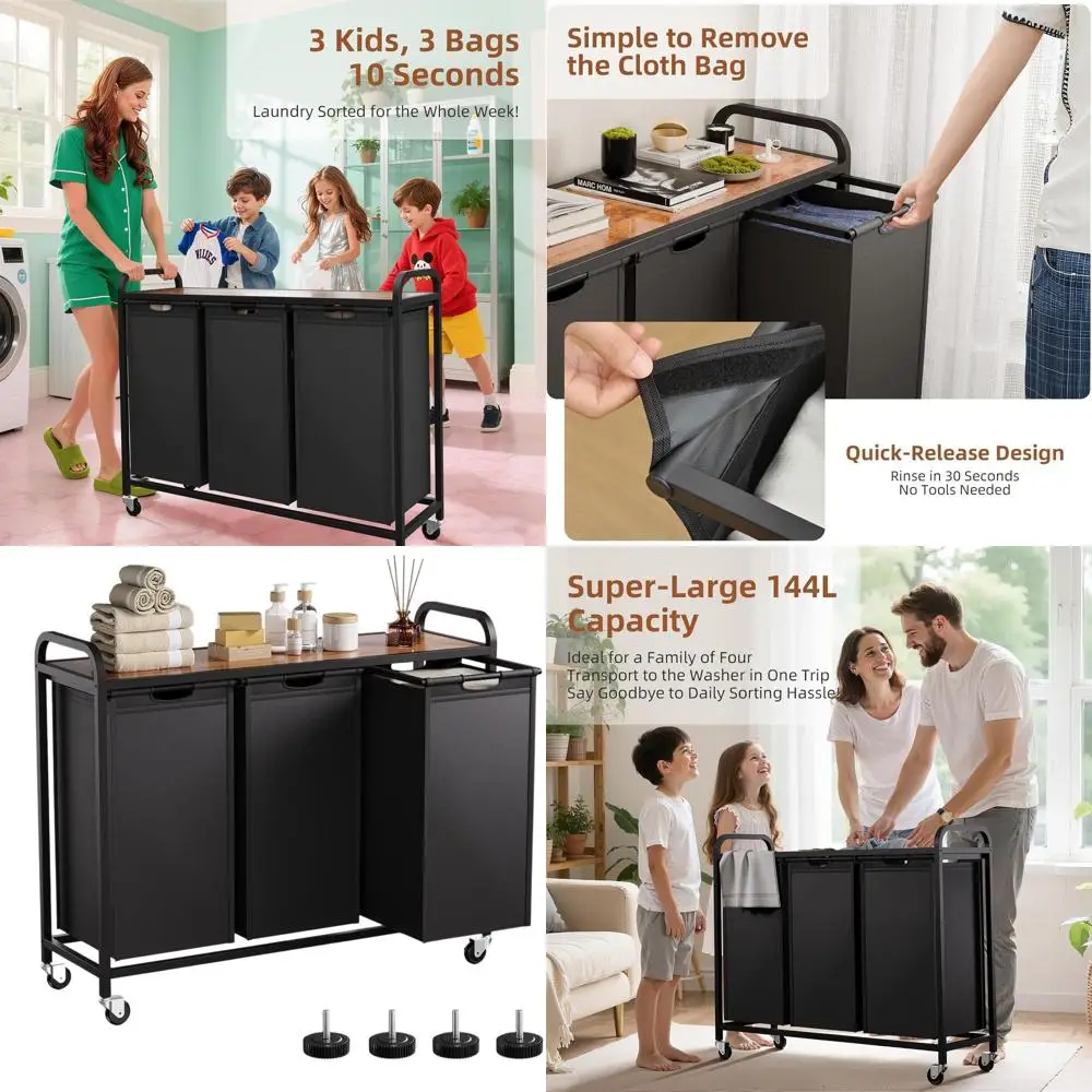 Трехсекционная корзина для белья на колесиках с выдвижными сумками, верхняя полка, вместимость 144 л
Трехсекционная корзина для белья на колесиках с выдвижными сумками, верхняя полка, вместимость 144 л