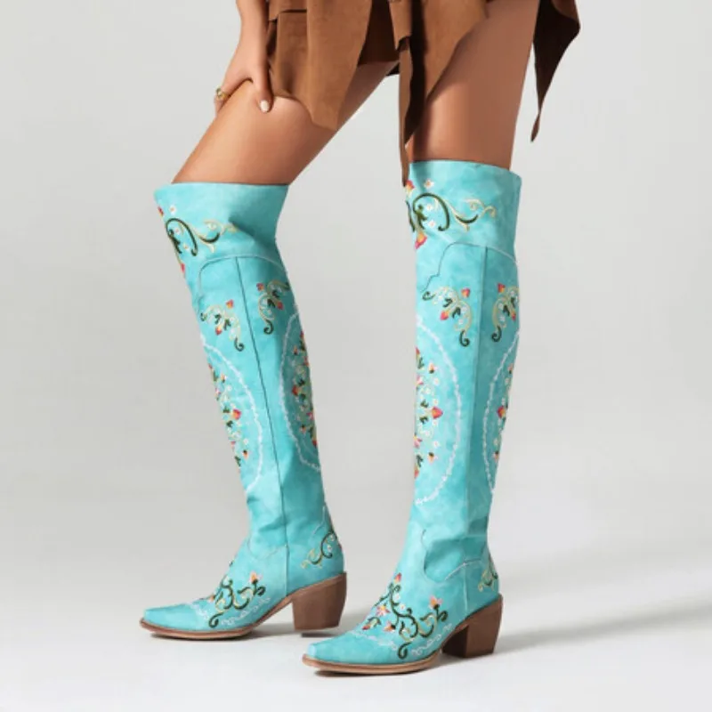 Western Lady Lake Blue Leather Floral Embroidery Thigh High Boots Square Toe Chunky Heels Zipper Flower Over Knee Knight Boots 
Western Lady Lake Blue Leather Floral Embroidery Thigh High Boots Square Toe Chunky Heels Zipper Flower Over Knee Knight Boots