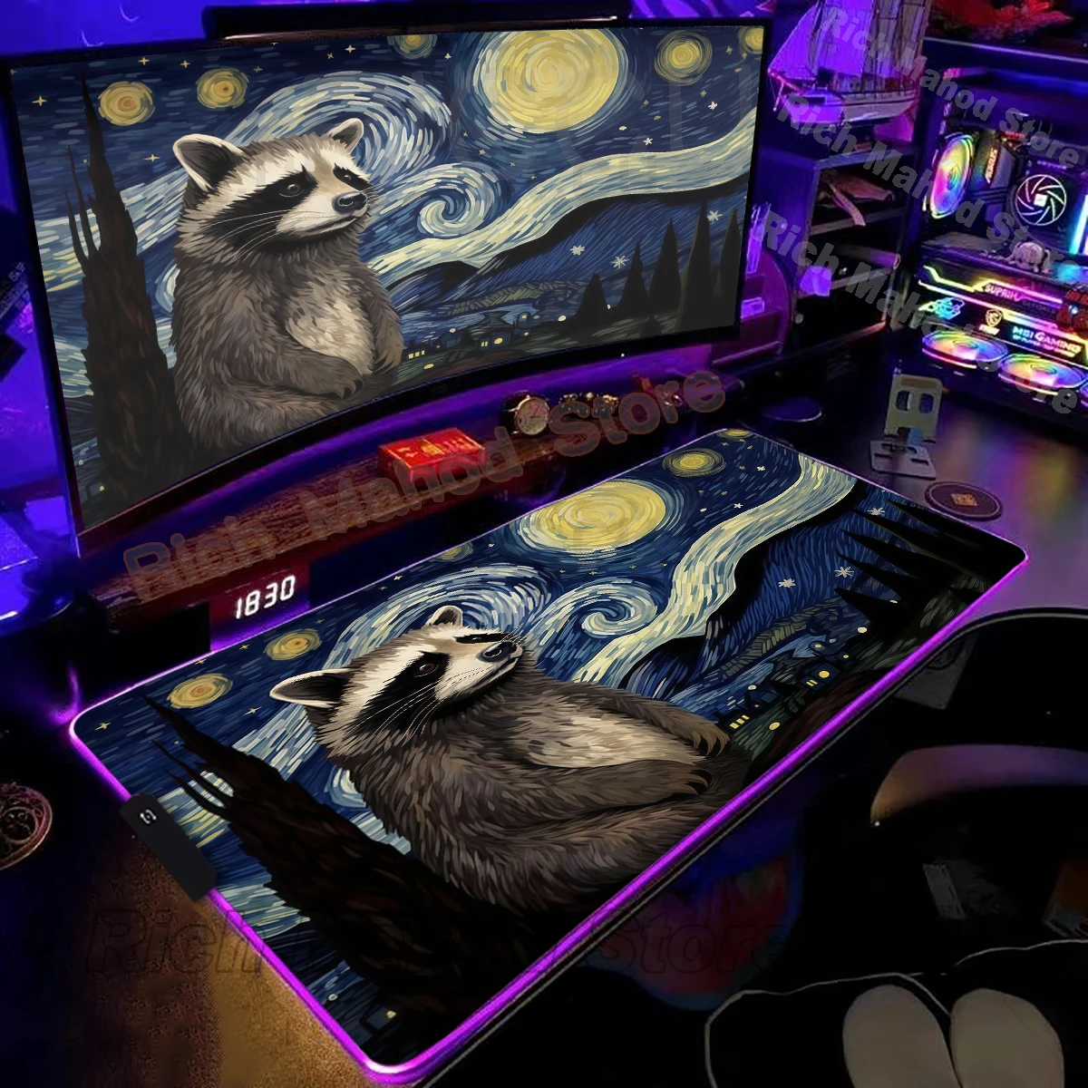 RGB Mouse Pad Cute Raccoon Mousepad Gamer Computer Large Table Mat Rubber Office Keyboard Extended Mat Gaming Accessories Carpet