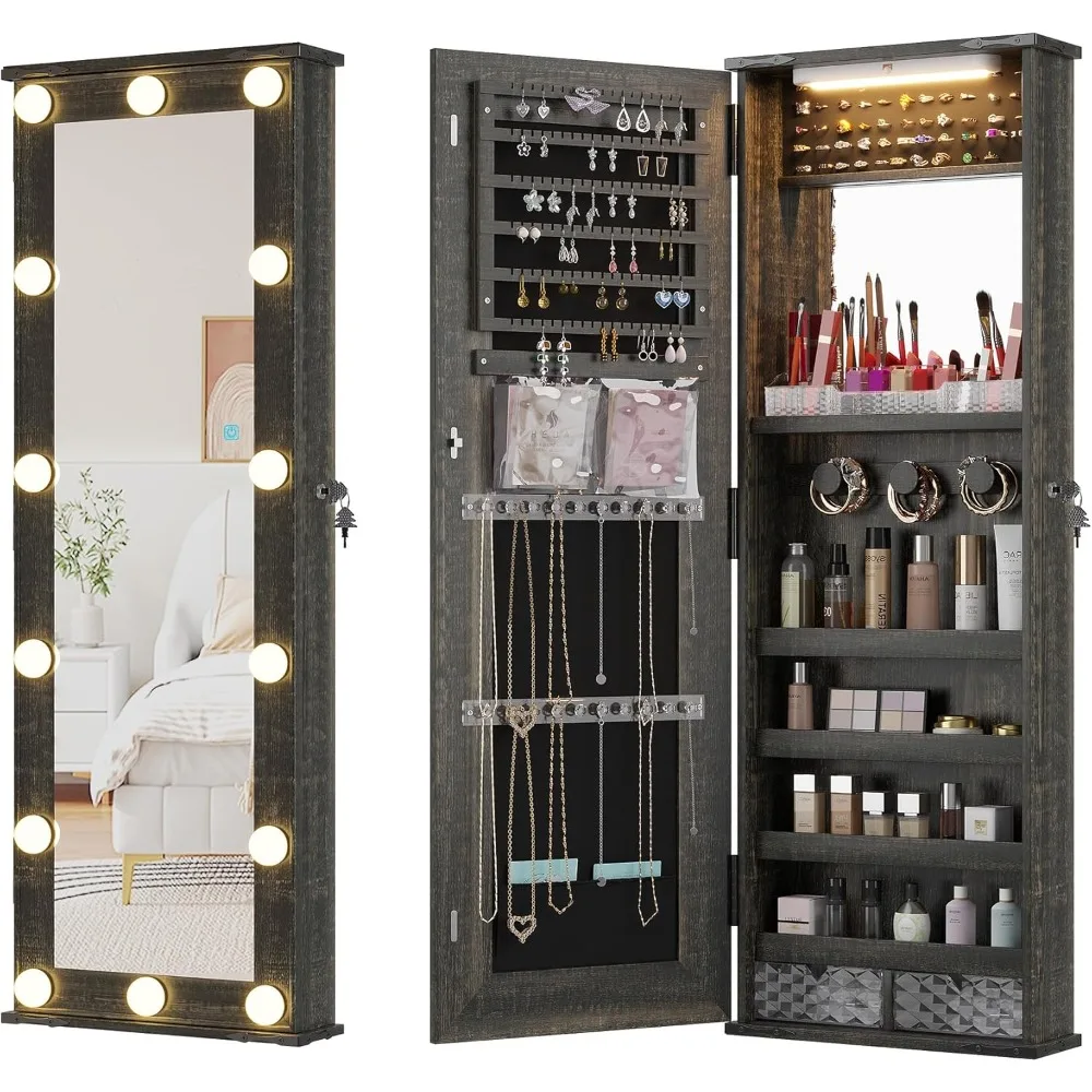 Farmhouse Jewelry Cabinet with LED 10 Light Bulbs,Tall Lockable Wall or Door Mounted Jewelry Armoire Organizer
Farmhouse Jewelry Cabinet with LED 10 Light Bulbs,Tall Lockable Wall or Door Mounted Jewelry Armoire Organizer