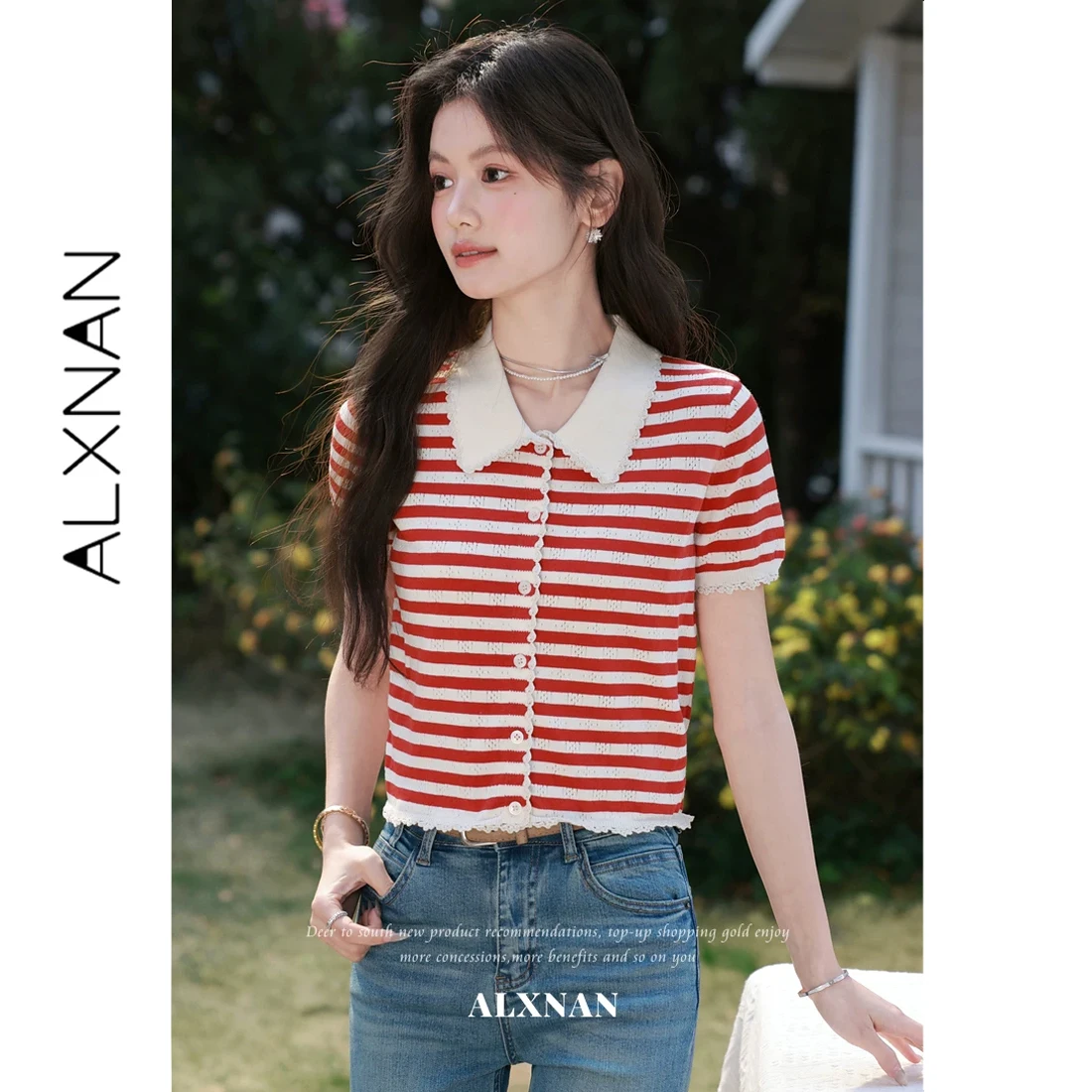 ALXNAN Red Striped Polo Collar T-shirt Women Elegant Vintage Sweet Wave Edge Short Sleeve Knit Top Summer Female Clothing L62933
ALXNAN Red Striped Polo Collar T-shirt Women Elegant Vintage Sweet Wave Edge Short Sleeve Knit Top Summer Female Clothing L62933