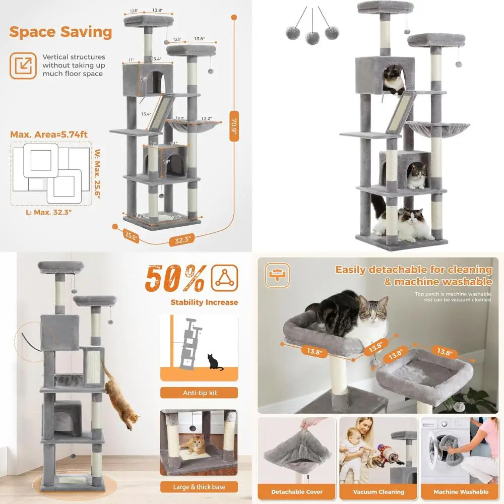 80-Inch Tall Cat Tree with Hammock, Scratching Posts, and Multi-Level Play Center for Indoor Cats in Grey
80-Inch Tall Cat Tree with Hammock, Scratching Posts, and Multi-Level Play Center for Indoor Cats in Grey