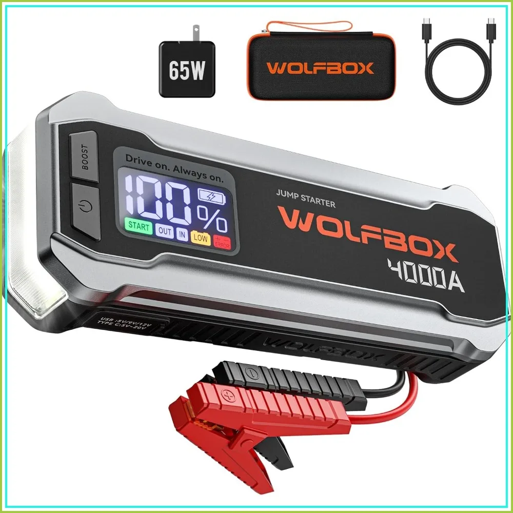 4000A Jump Starter, 12V Car Battery Booster with 65W USB-C, LCD Display, 88.8Wh for 10L Gas/10L Diesel, LED Light
4000A Jump Starter, 12V Car Battery Booster with 65W USB-C, LCD Display, 88.8Wh for 10L Gas/10L Diesel, LED Light