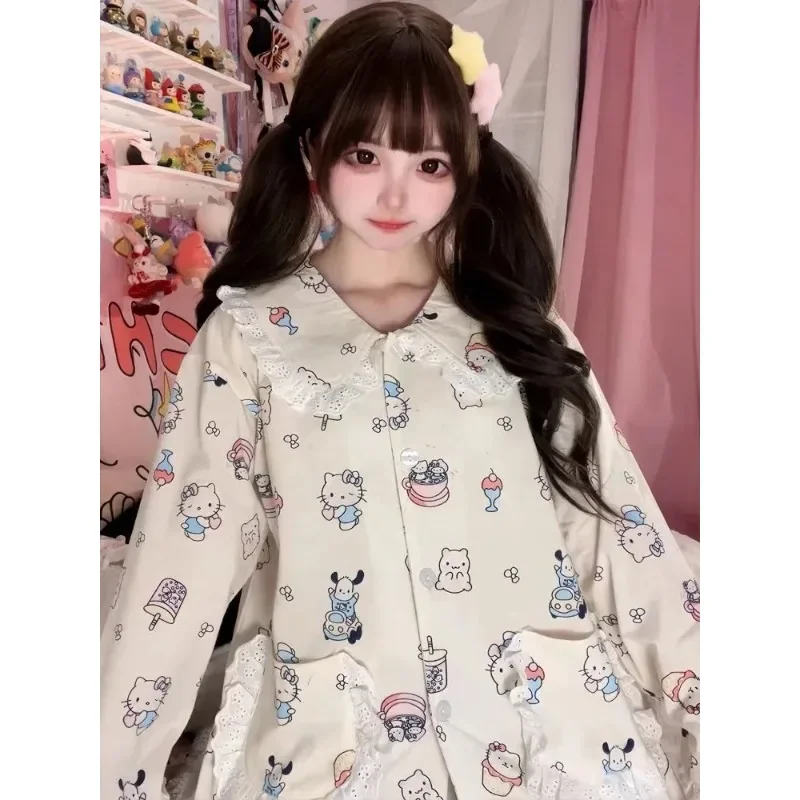 Весенне-осенние новые белые милые пижамы с рисунком «Hello Kitty», женские брюки с длинными рукавами, повседневный костюм, одежда для дома, которую можно носить
Весенне-осенние новые белые милые пижамы с рисунком «Hello Kitty», женские брюки с длинными рукавами, повседневный костюм, одежда для дома, которую можно носить