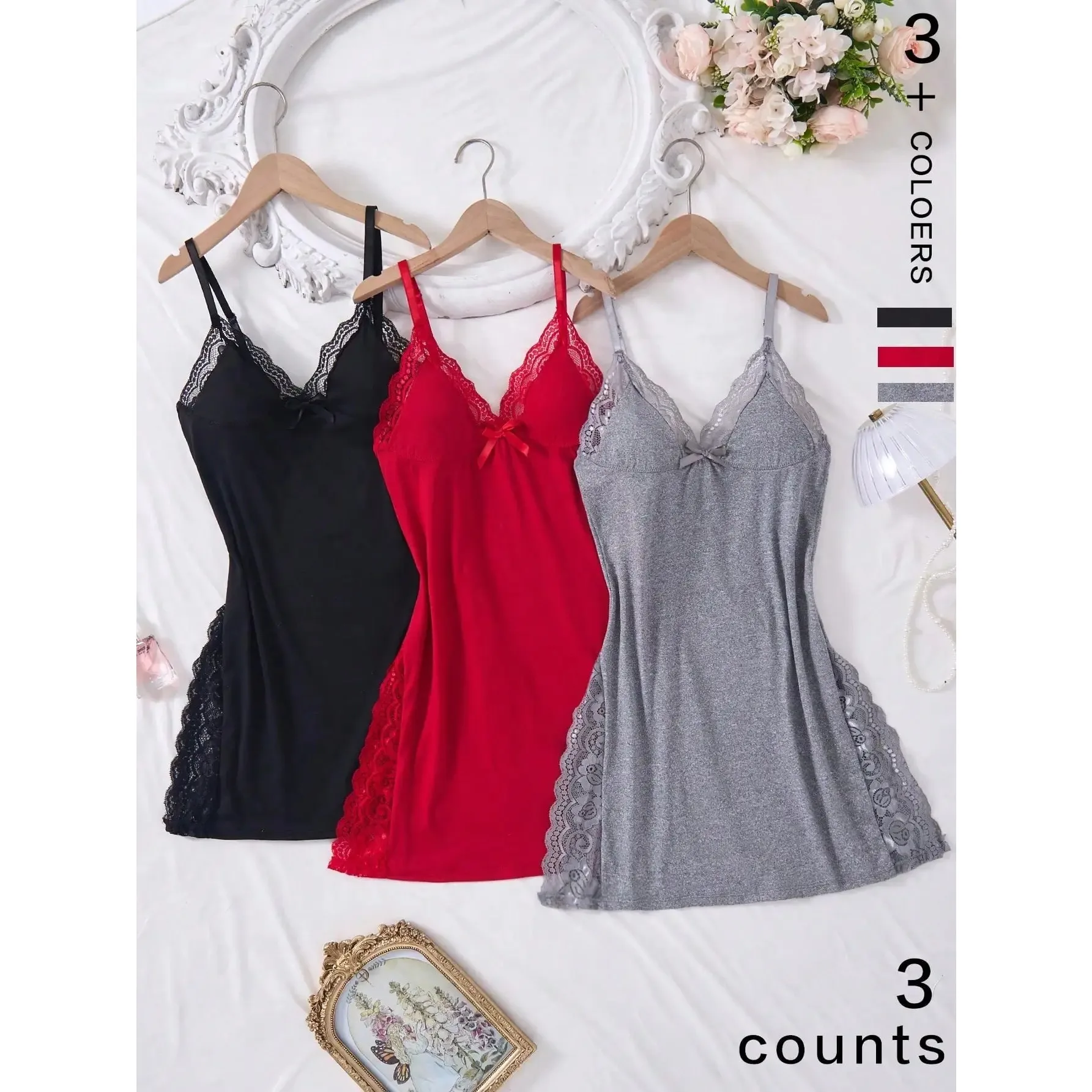 3pcs Summer Lace Patchwork Slip Nighties Dress Women Nightgown Sleepwear Side Slit Contrast Ruffle Hem Night Dress Pajamas
3pcs Summer Lace Patchwork Slip Nighties Dress Women Nightgown Sleepwear Side Slit Contrast Ruffle Hem Night Dress Pajamas